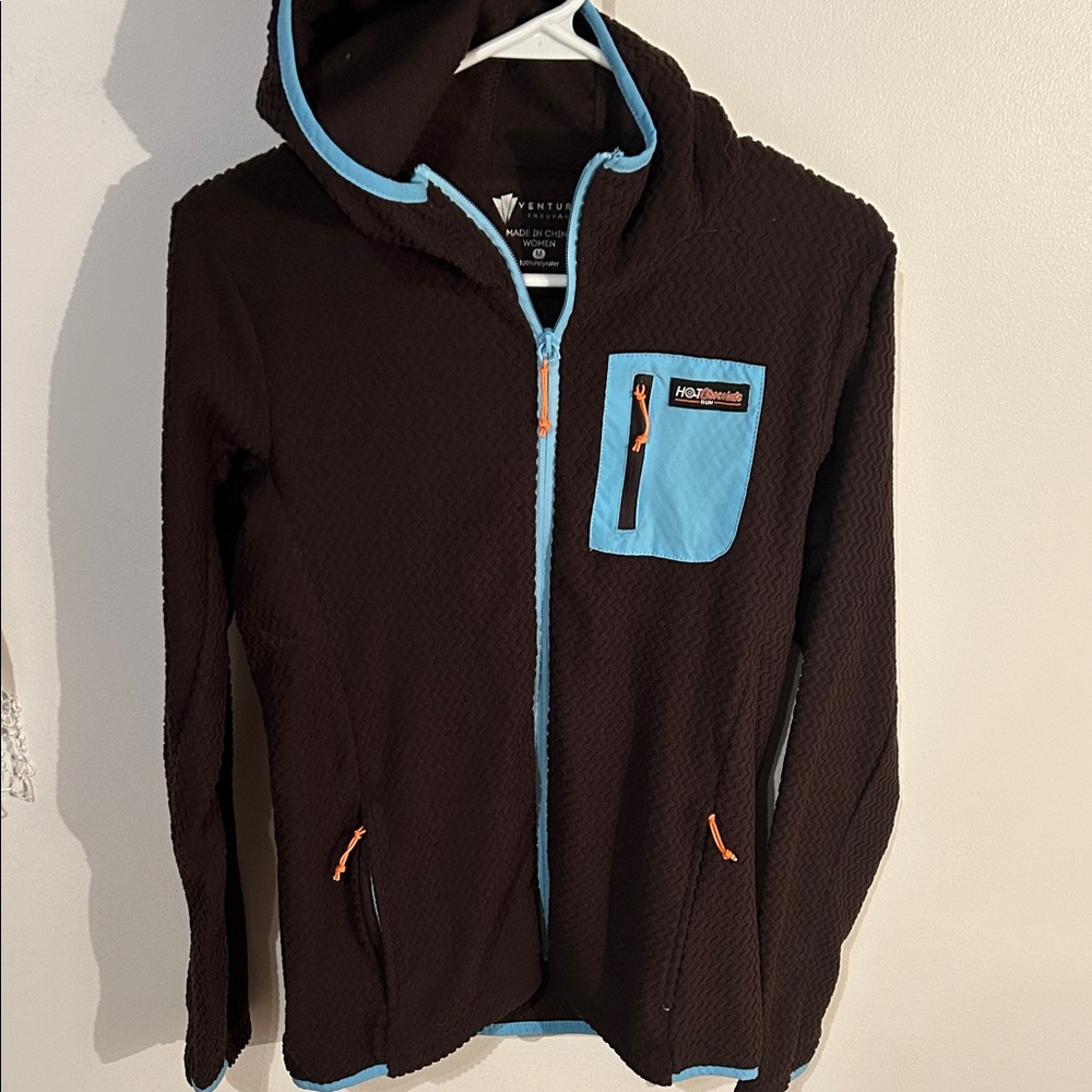 Women's Quilted Hoodie - Chocolate Brown with Sky Blue Accents